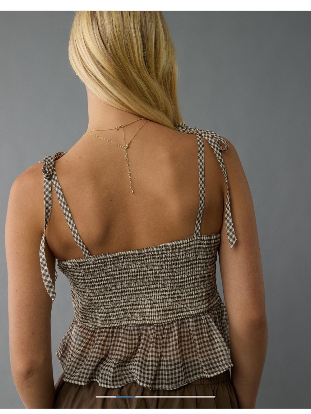 American Eagle Corset Gingham Tie-Shoulder Peplum Cami Top - Brown - Picture 4 of 5